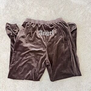 Blanc Clothing Velour‎ Joggers Pants Brown Embroidered Angel Logo Size L